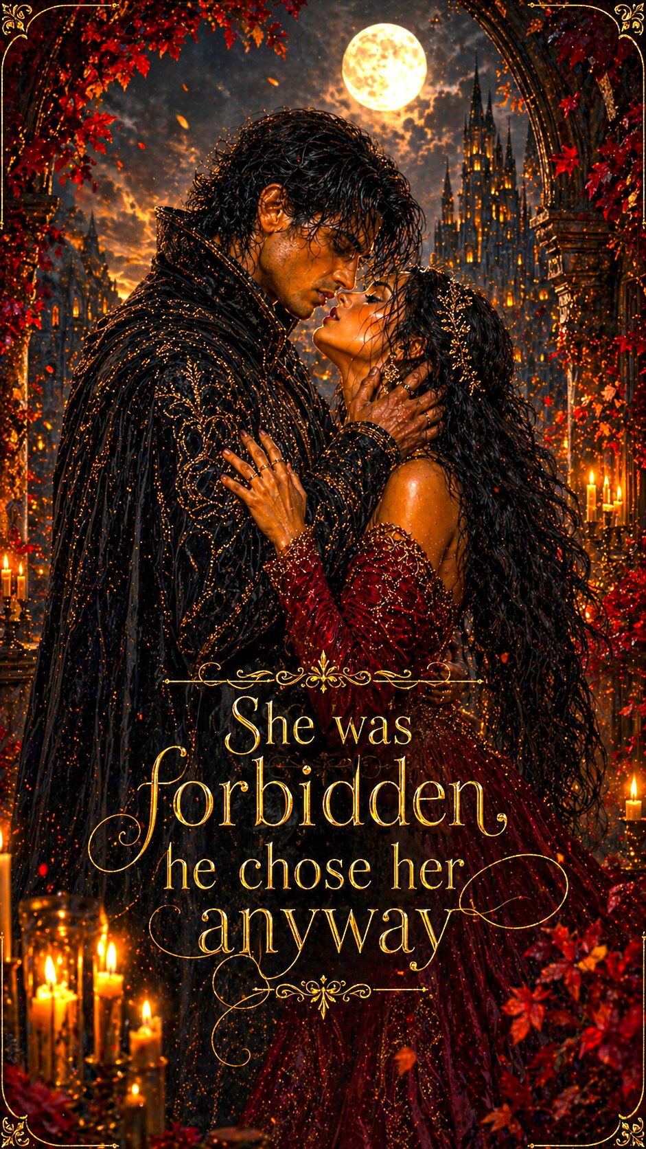 She was forbidden. He chose her anyway artwork with Elara and Lysander beneath a golden moon