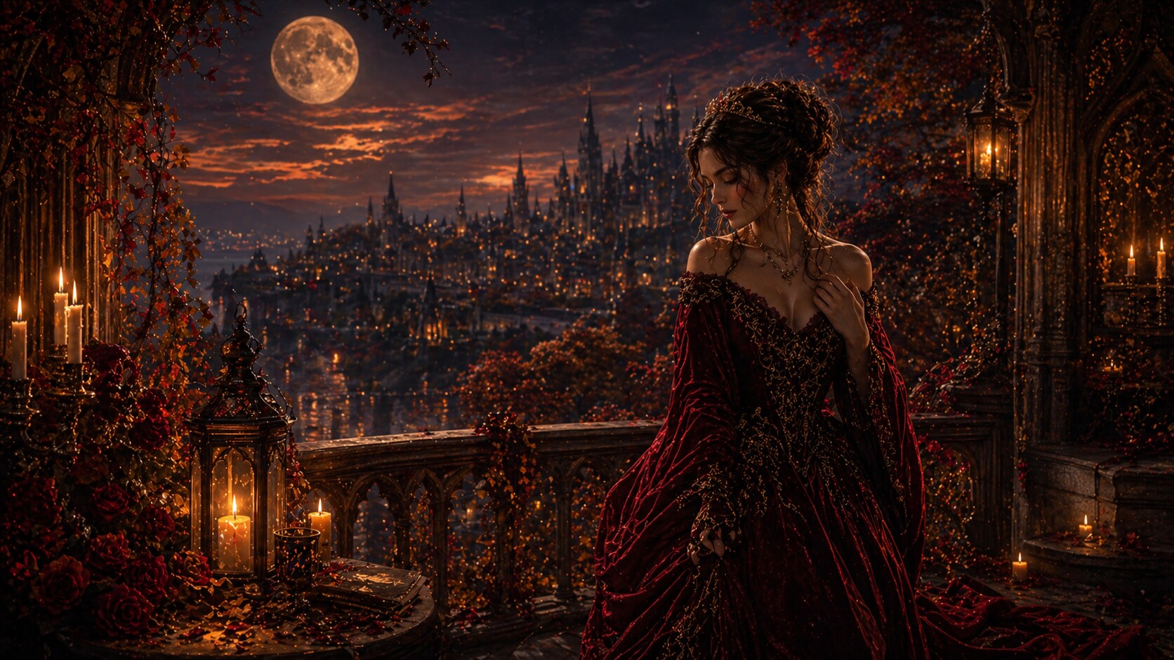 Alana Spencer on a moonlit balcony in a crimson gown overlooking Eldoria