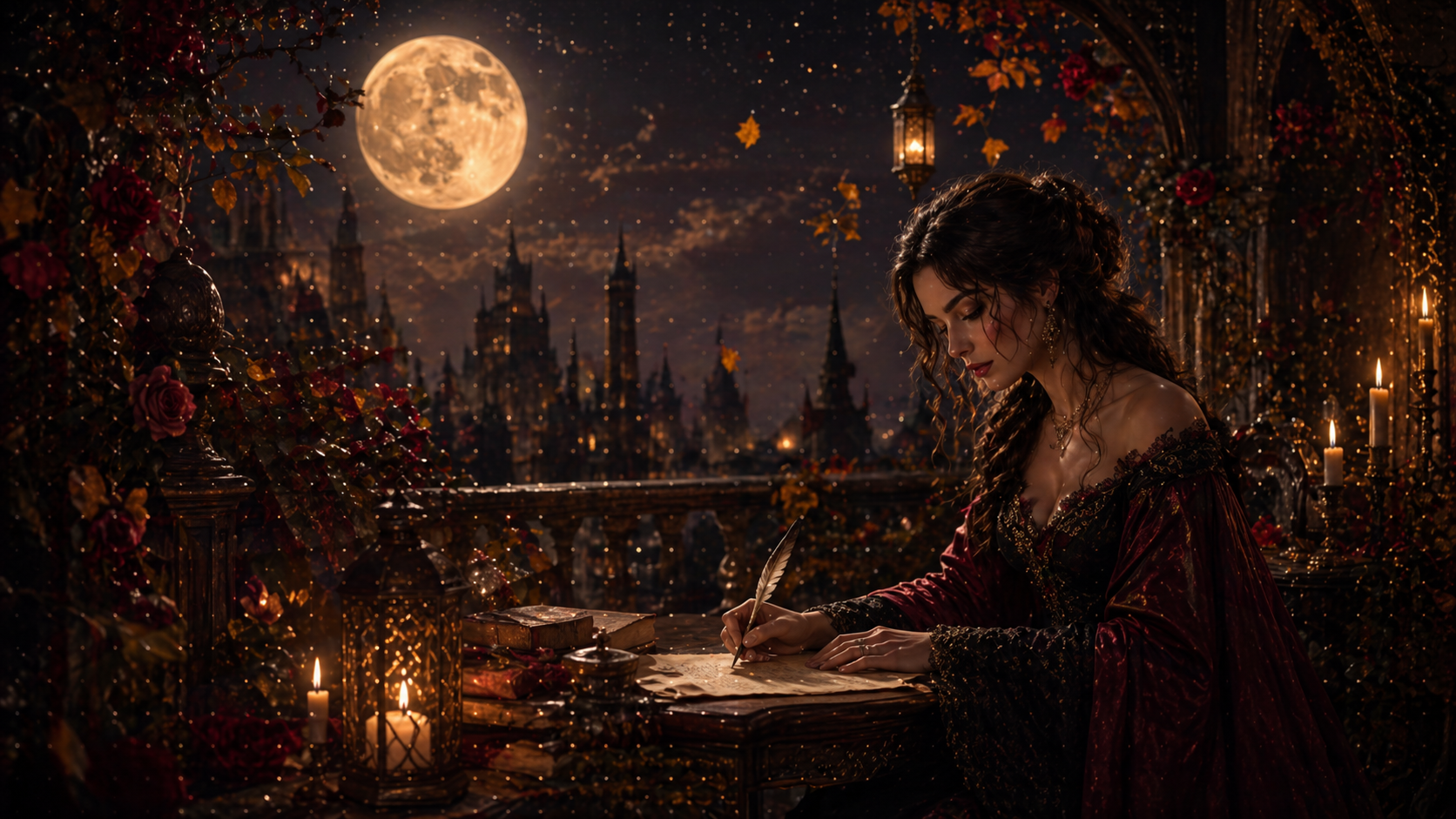 Alana Spencer writing beneath a moonlit balcony with lanterns, roses, and distant gothic spires