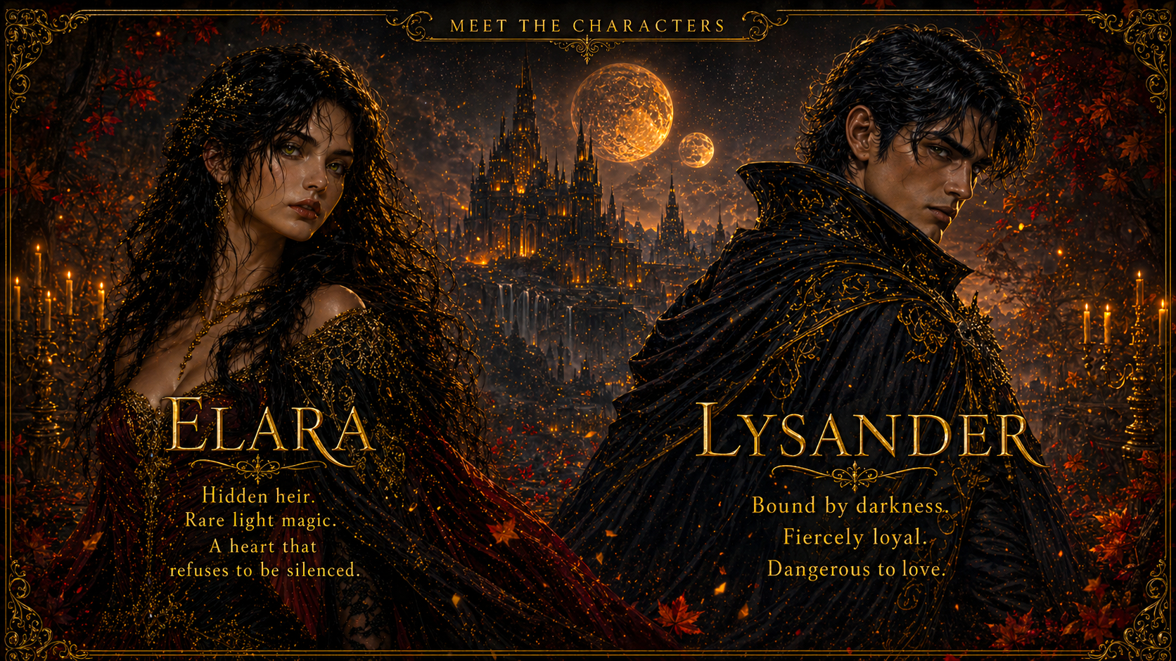 Meet the Characters artwork for Twilight of Forbidden Magic featuring Elara and Lysander