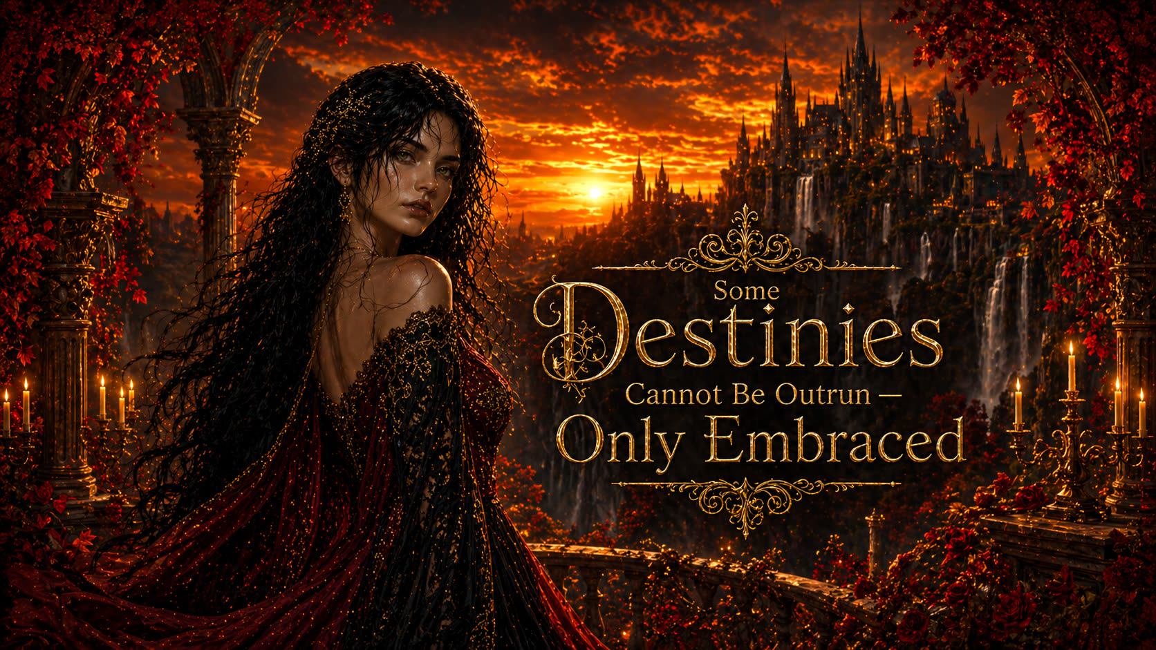 Elara in a crimson gown before a blazing sunset and towering black citadel framed by red autumn leaves
