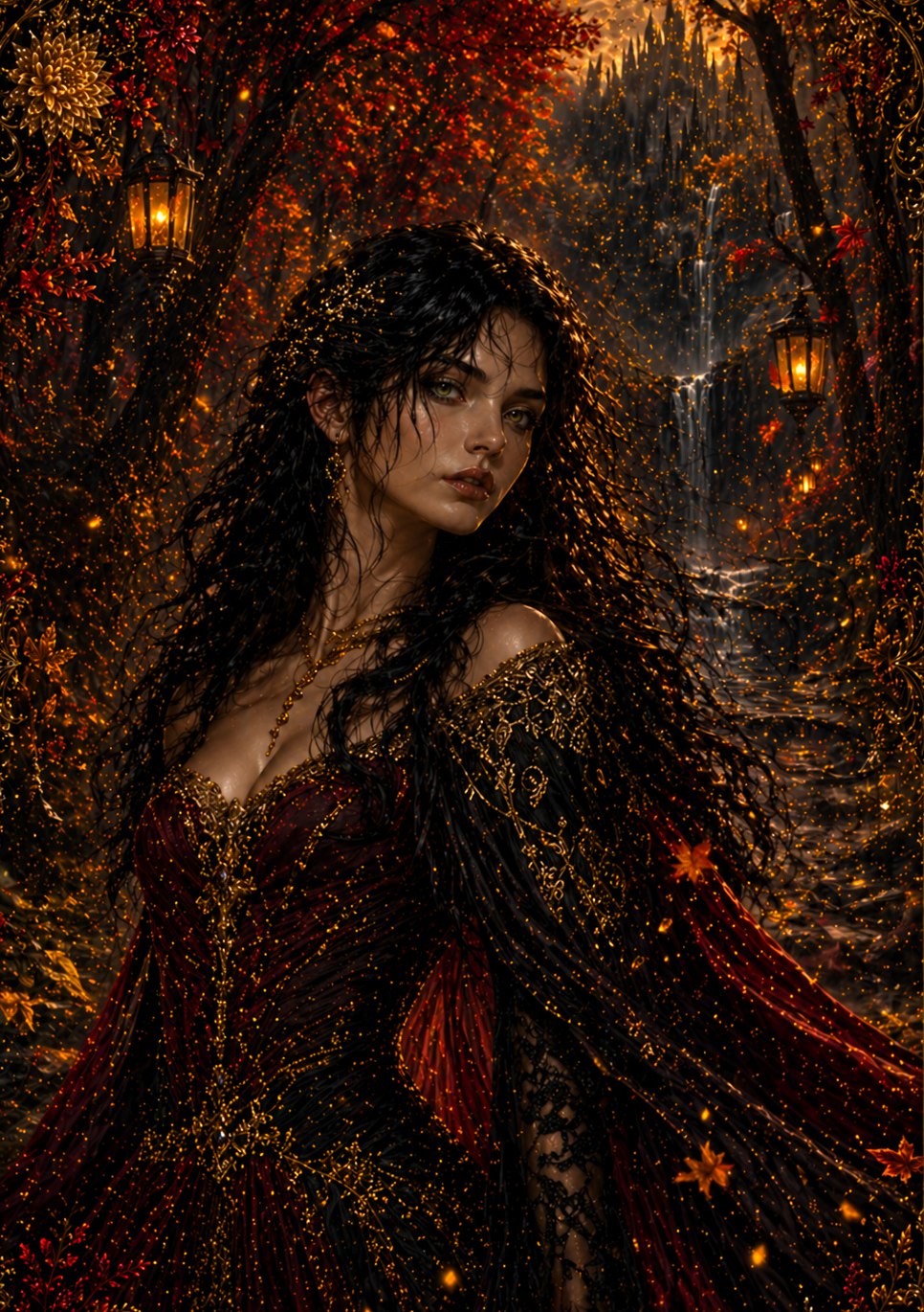 Elara in a lantern-lit autumn forest before Eldorian falls and gilded shadows