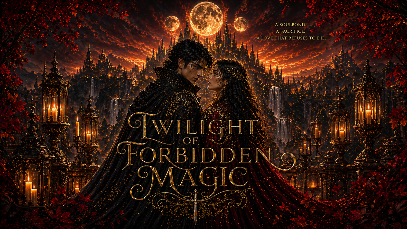 Twilight of Forbidden Magic title artwork with Elara and Lysander before Eldoria beneath three moons
