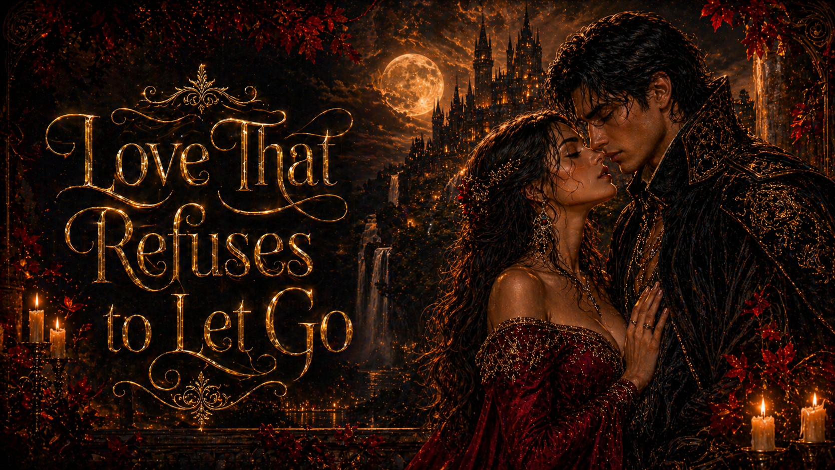 Love That Refuses to Let Go artwork with Elara and Lysander in moonlit Eldoria