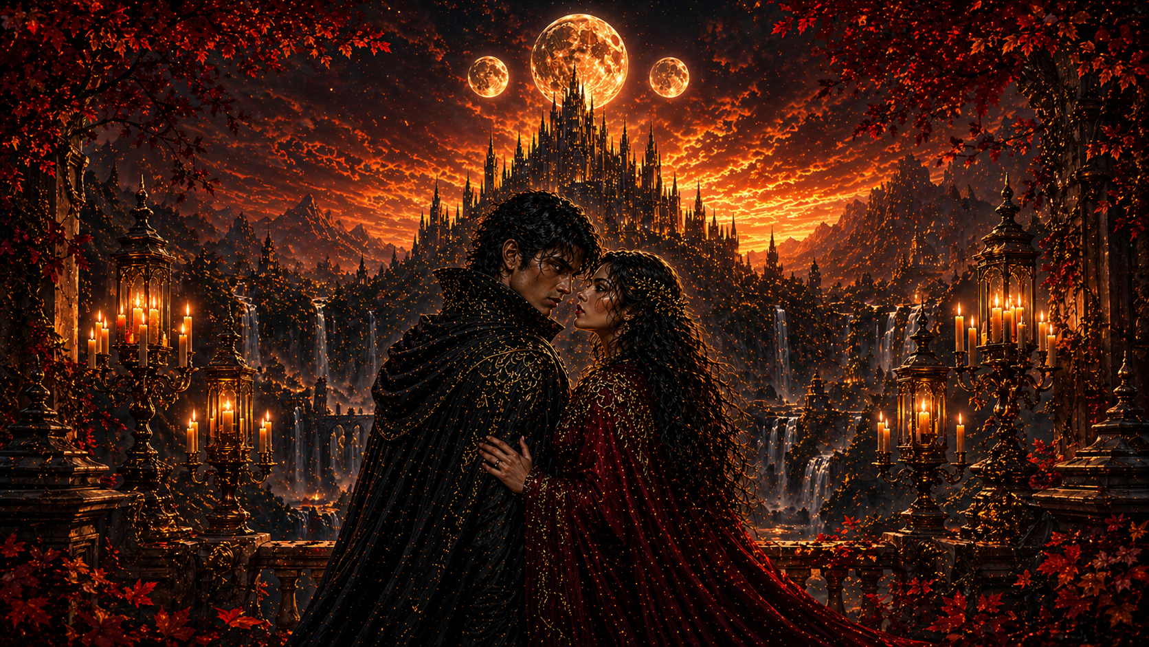 Elara and Lysander before the blazing kingdom of Eldoria beneath three moons