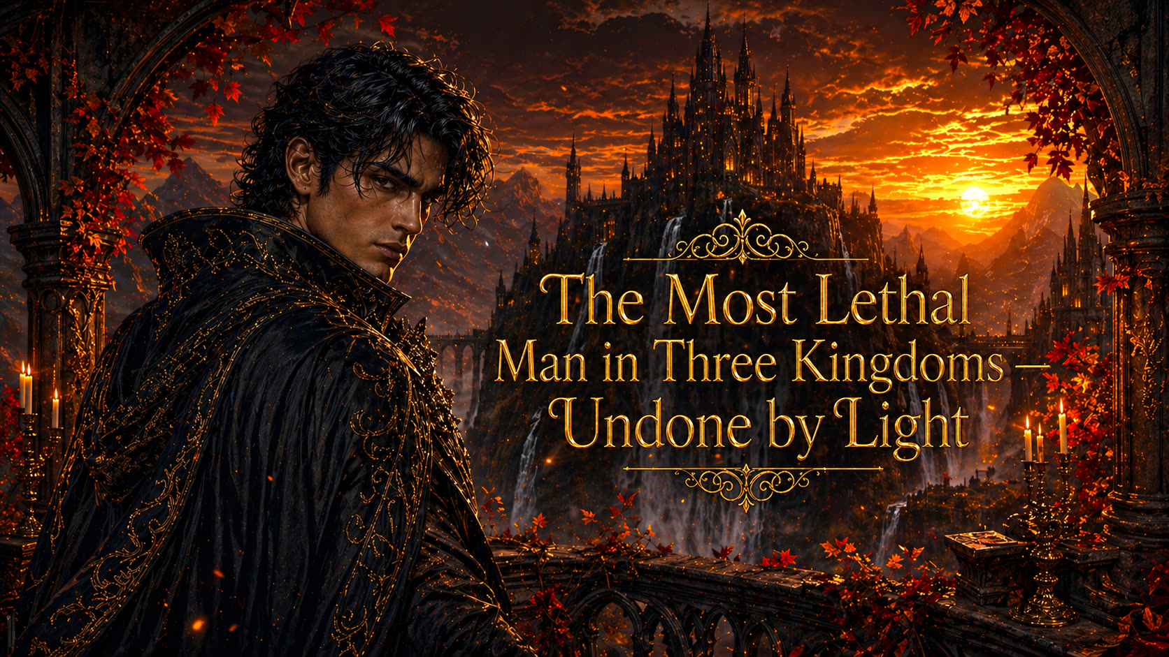 Lysander in a dark cloak before a blazing sunset and towering black citadel framed by autumn leaves