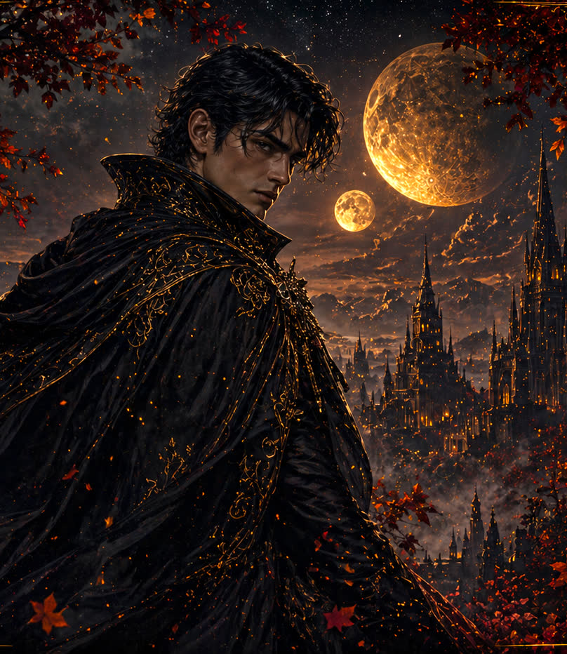 Lysander before twin moons and Eldorian spires wreathed in autumn embers